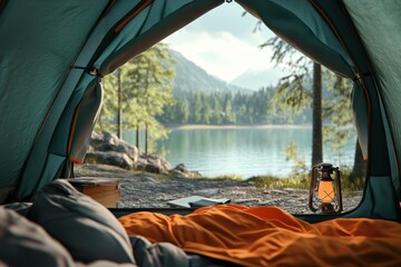 tent with a opening and a view of mountains and a lake