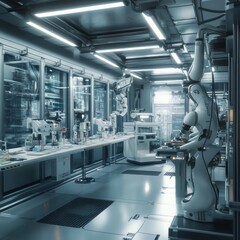 Poster - A futuristic factory interior with multiple robotic arms in operation.