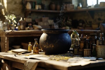 A black cauldron sits on a table with various bottles and vials of potions