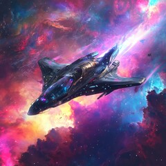 Canvas Print - A futuristic spaceship flies through a colorful nebula, surrounded by swirling gas and stars.