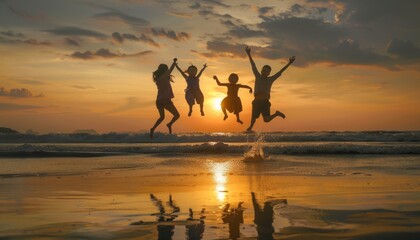 Wall Mural - Joyful Asian Beach Getaway: Silhouetted Family Bonding at Sunset