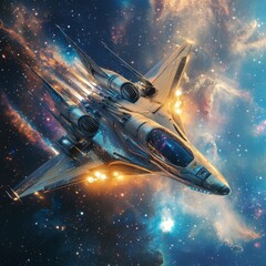 Canvas Print - A futuristic spaceship with glowing lights, flying through a field of stars.