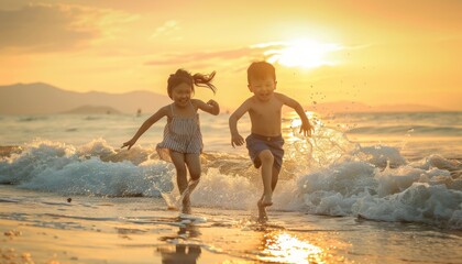 Wall Mural - Summer Fun: Asian Family Siblings Play on the Beach at Sunset