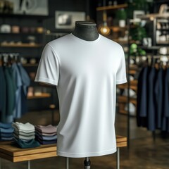 white t-shirt template on mannequin isolated with background inside clothing store, t-shirt template design and mock-up for branding or print presentations