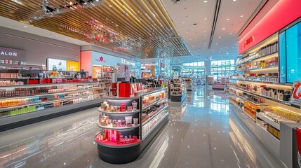 Wall Mural - A bright and spacious beauty store features organized shelves filled with cosmetics, skincare products, and fragrances, inviting customers to explore the diverse selection