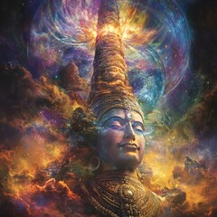 Poster - A giant, peaceful, serene, enlightened Buddha statue with a galaxy above.