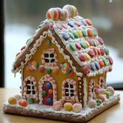 Canvas Print - A gingerbread house decorated with colorful candies, lollipops, and frosting, sitting on a wooden table.