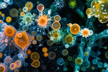 Wall Mural - Soil Bacteria Colonies: A high-resolution image of bacterial colonies growing on soil particles, highlighting their different shapes and sizes