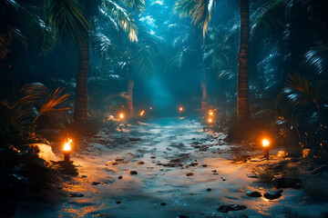 Tropical island with torches during the night.