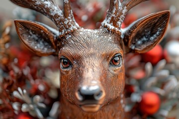 A deer head with gold horns is sitting on a surface