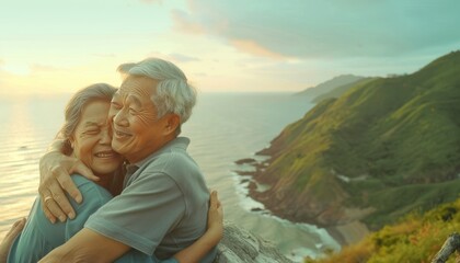 Wall Mural - Golden Years Bliss: Asian Senior Couple Embracing on Cliff at Sunset During Summer Vacation