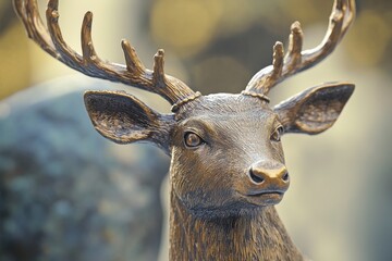 A deer head with gold horns is sitting on a surface