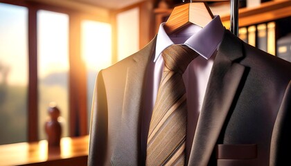 A classic brown striped tie hanging on a wooden hanger in a well-organized closet, surrounded by suits and shirts. 2