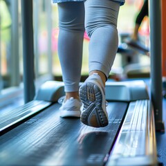 Close-up of a person in leggings and sneakers walking on a treadmill in a gym, focusing on fitness and health.