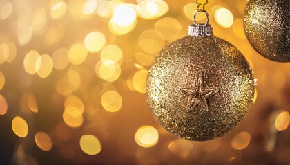 Wall Mural - Sparkling festive tree decorations on golden bokeh background