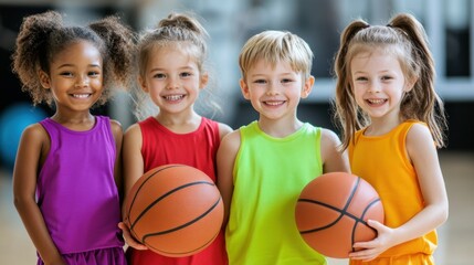 Poster - Three young children in colorful shirts holding basketballs, AI