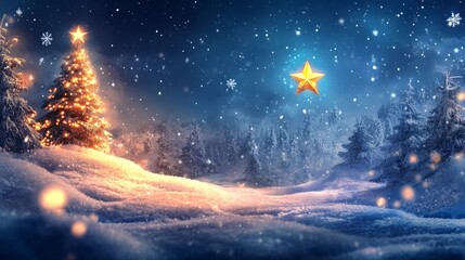 Wall Mural - A glowing Christmas tree in a snowy winter forest with a star in the sky.