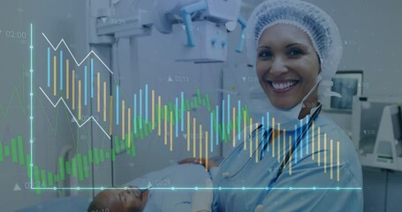 Wall Mural - Animation of statistics and data processing over caucasian female surgeon