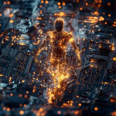 Poster - A glowing human figure emerges from a circuit board, symbolizing the rise of artificial intelligence.