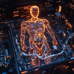 Poster - A glowing human figure lays on a circuit board, representing the connection between technology and humanity.