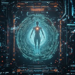 Wall Mural - A glowing human figure stands within a swirling digital portal, representing connection and transcendence.