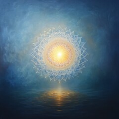 Poster - A glowing mandala with light rays radiating out in a circular pattern, floating over a calm blue ocean with a reflection.