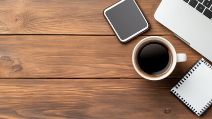 Wall Mural - A cup of coffee on a wooden table next to an cellphone and laptop, AI