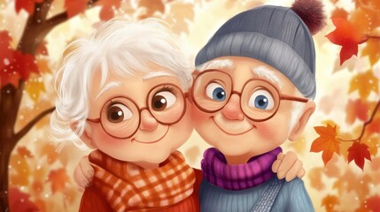 Sticker - An old couple with glasses and scarves are hugging each other, AI