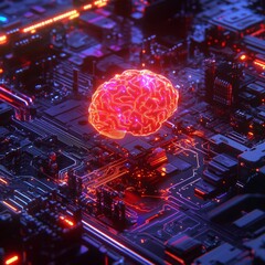 Wall Mural - A glowing red brain sits atop a complex and intricate circuit board.