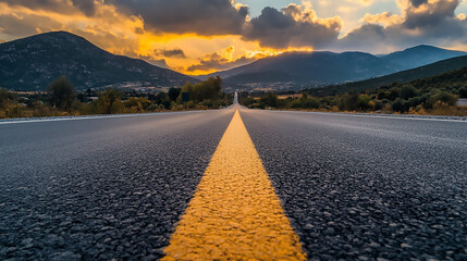 Background design with blue sky and mountain for product display Asphalt highway road and mountain with trees natural scenery at sunrise. car sale, automobile, automotive empty space.