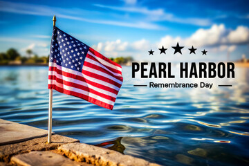 American Flag Waving By The Water On Pearl Harbor Remembrance Day.  A Tribute To Those Lost And Those Who Served.