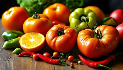 Vibrant display of fresh fruits and vegetables featuring tomatoes, oranges, and peppers on a rustic table