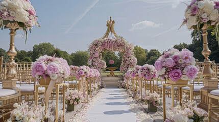 Wall Mural - Wedding decoration with peonies, floral decor and event celebration, peony flowers and wedding ceremony in the garden, English country style