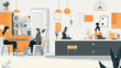 © Rabil - A simple, flat drawing showing people working in an office.
