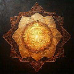 Wall Mural - A golden geometric mandala with a central circle radiating light, surrounded by intricate patterns.