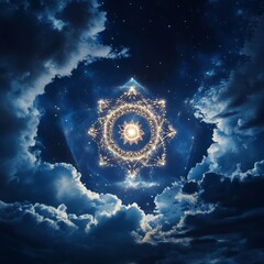 Poster - A golden geometric symbol shines brightly in the night sky, surrounded by clouds and stars.