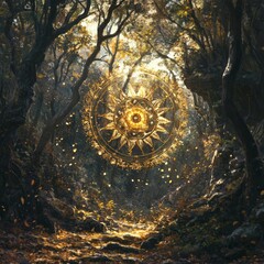 Canvas Print - A golden mandala floats in a sunlit forest clearing, surrounded by autumn leaves.