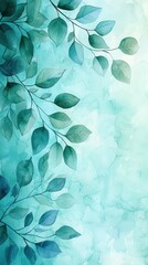 Sticker - Watercolor Abstract Green Leaves on Turquoise Background.