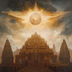 Canvas Print - A golden temple with a large golden star in the sky above it.