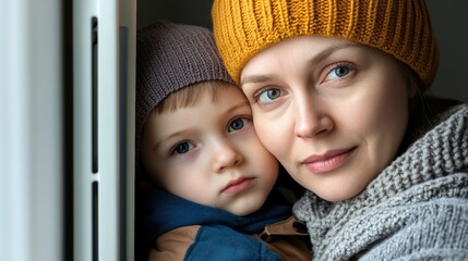 Poster - A woman and child in a window looking at the camera, AI