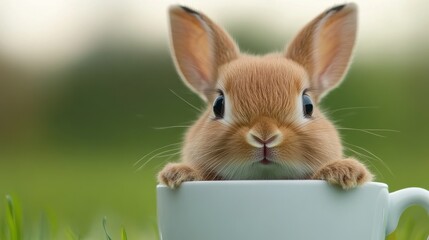 Canvas Print - A small rabbit sitting in a white cup on top of grass, AI