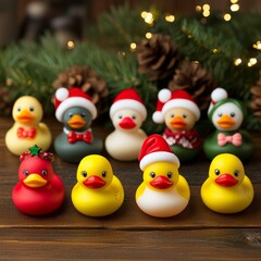 Sticker - A group of Christmas-themed rubber duck toys arranged on a wooden surface.