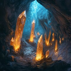 Canvas Print - A group of glowing crystals illuminate a dark cave with a mysterious blue light at the end.