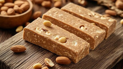 Wall Mural - Peanut-topped halva slices on a wooden platter.