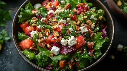 Vibrant top down shot of a wholesome salad with fresh greens roasted nuts and tangy feta