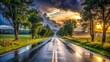 ©  VladaToday - Wet country road leading through trees at sunrise after rain..
