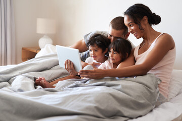 Canvas Print - Family, happy and tablet on bed for bonding, relax and streaming together with movie, video and app. Parents, smile and children as people in home bedroom for film, relationship and games on weekend