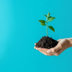 Poster - A hand holds a small plant growing out of soil against a blue background.