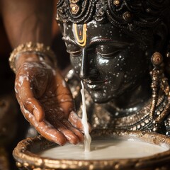 Sticker - A hand pouring milk over a black statue of a Hindu deity.