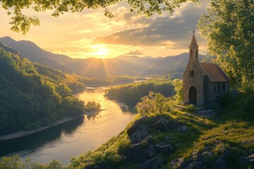 Wall Mural - A serene sunrise over a tranquil river reflects golden hues on the water. A charming chapel stands near the banks. Nature and peace unite in perfect harmony. Generative AI